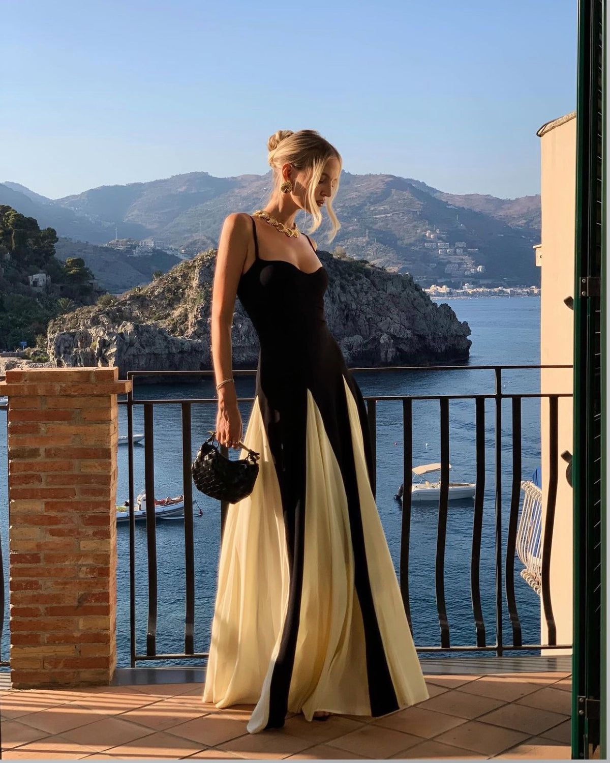 Black and ivory paneled maxi dress with spaghetti straps and flared godet skirt - view 5