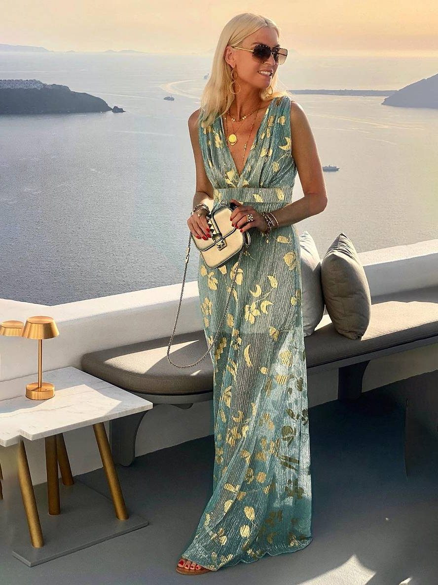 Sleeveless metallic foil maxi dress with plunging V-neck and empire waist - view 10