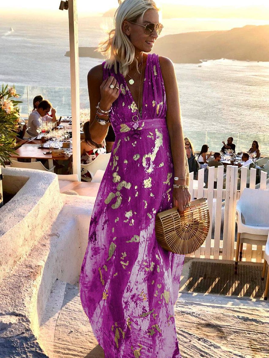 Sleeveless metallic foil maxi dress with plunging V-neck and empire waist - view 11