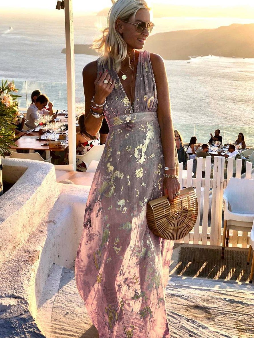 Sleeveless metallic foil maxi dress with plunging V-neck and empire waist - view 12