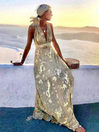 Sleeveless metallic foil maxi dress with plunging V-neck and empire waist - view 2
