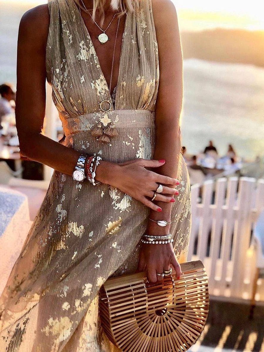 Sleeveless metallic foil maxi dress with plunging V-neck and empire waist - view 3