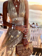 Sleeveless metallic foil maxi dress with plunging V-neck and empire waist - view 3