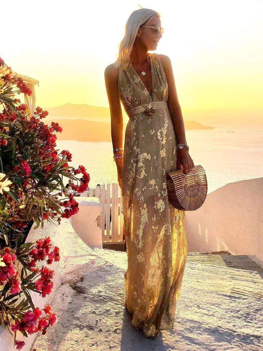 Sleeveless metallic foil maxi dress with plunging V-neck and empire waist - view 4