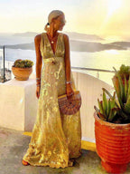 Sleeveless metallic foil maxi dress with plunging V-neck and empire waist - view 5