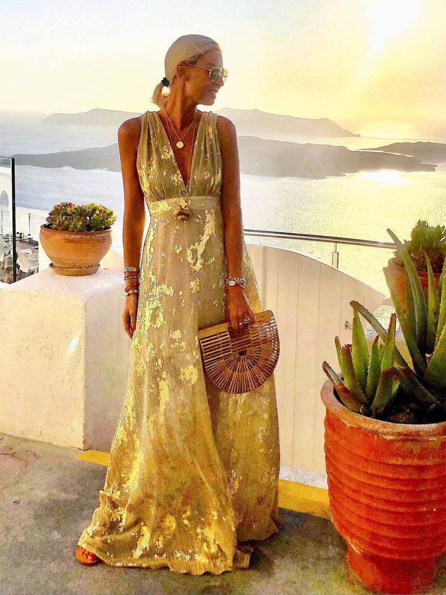 Sleeveless metallic foil maxi dress with plunging V-neck and empire waist - view 5