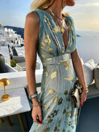 Sleeveless metallic foil maxi dress with plunging V-neck and empire waist - view 6