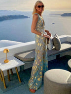 Sleeveless metallic foil maxi dress with plunging V-neck and empire waist - view 7