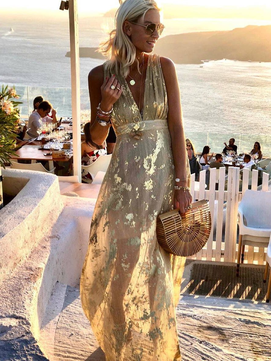 Sleeveless metallic foil maxi dress with plunging V-neck and empire waist - view 8
