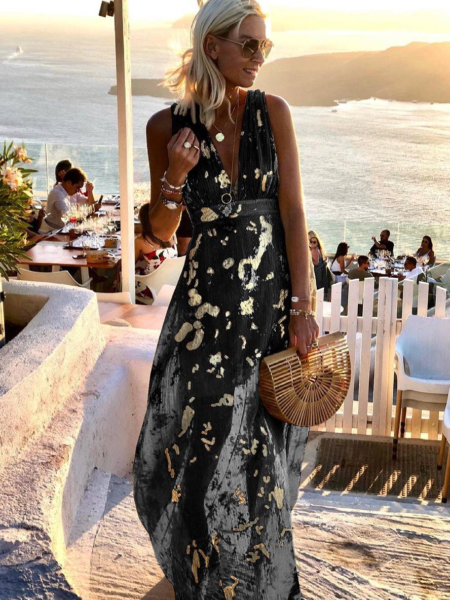 Sleeveless metallic foil maxi dress with plunging V-neck and empire waist - view 9