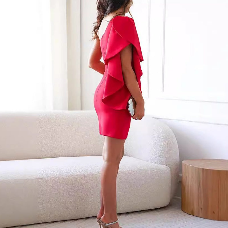 One shoulder ruched holiday mini dress with ruffle sleeve - view 2
