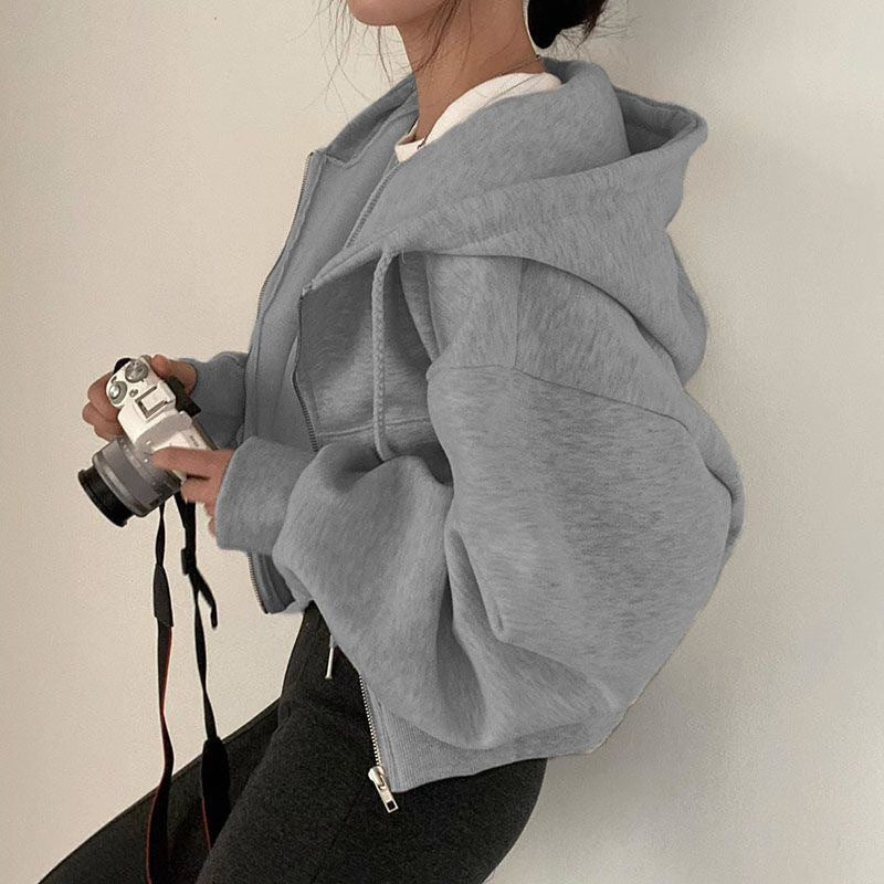 Cropped zip up sweatshirt hoodie with balloon sleeves - view 2