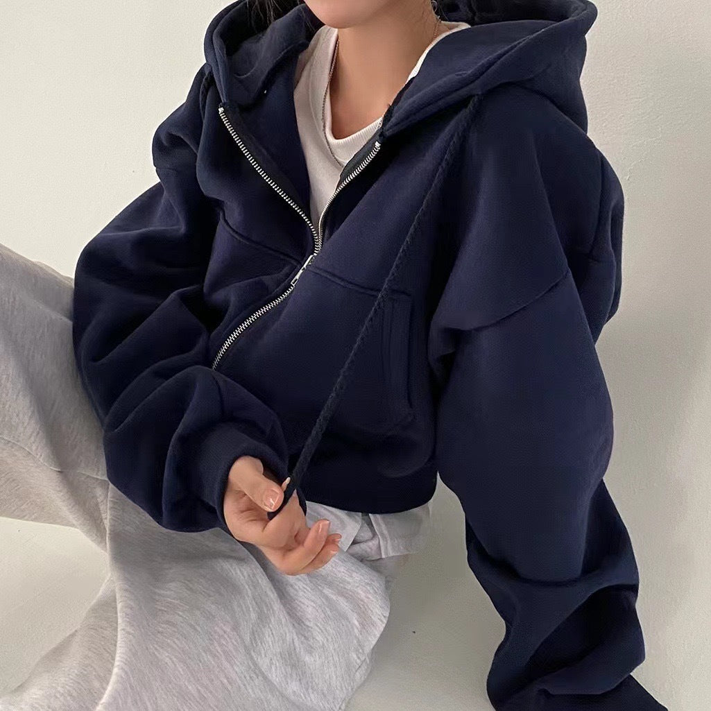 Cropped zip up sweatshirt hoodie with balloon sleeves - view 3