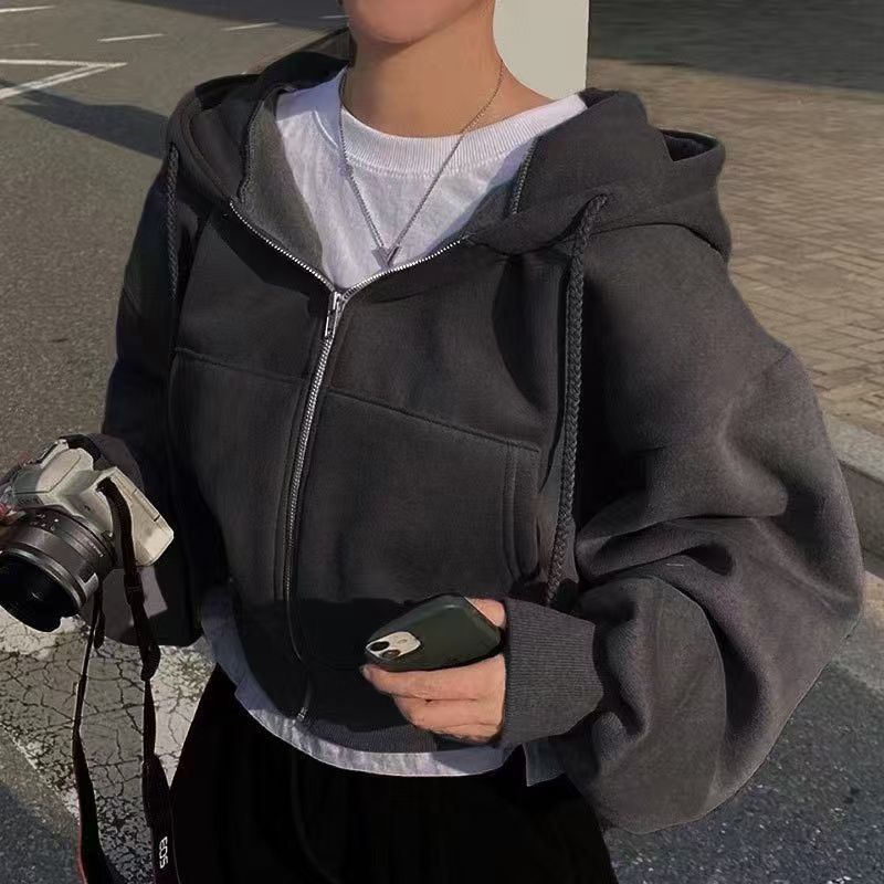 Cropped zip up sweatshirt hoodie with balloon sleeves - view 4