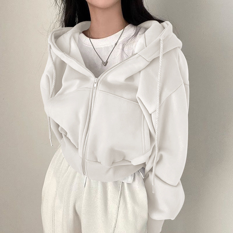 Cropped zip up sweatshirt hoodie with balloon sleeves - view 5