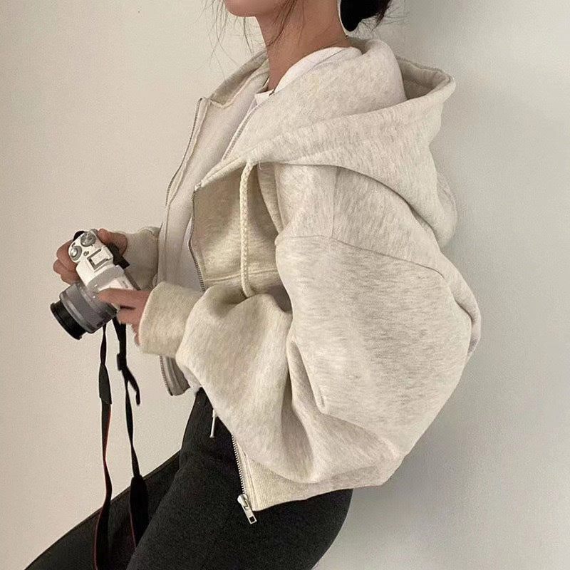 Cropped zip up sweatshirt hoodie with balloon sleeves - view 6