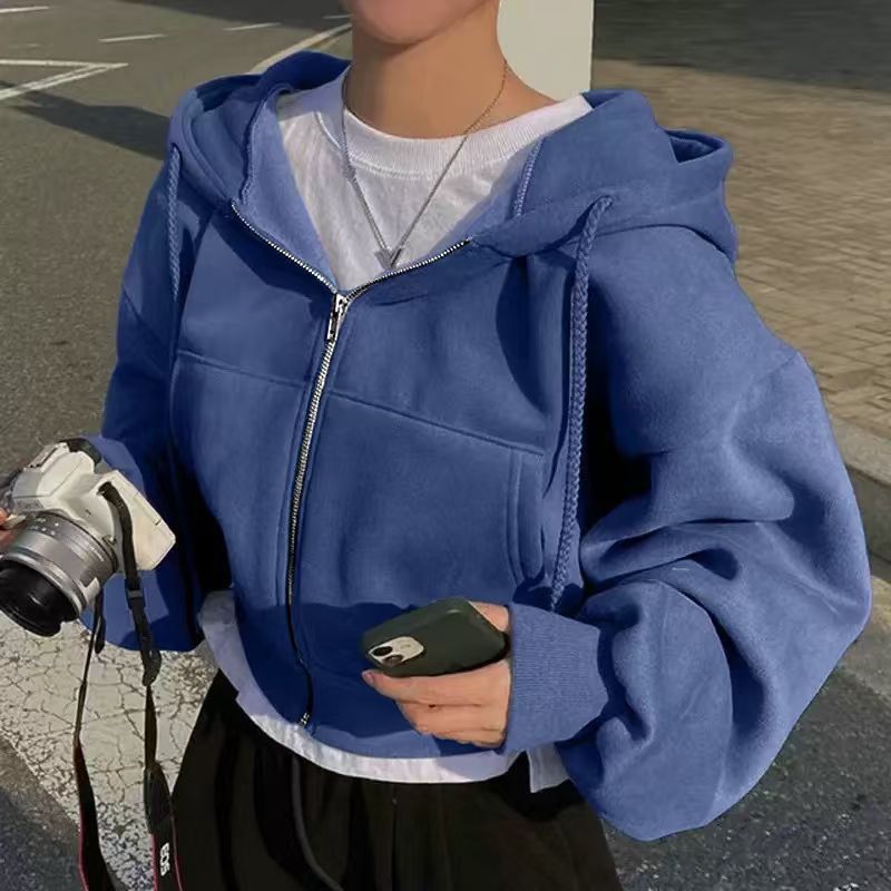 Cropped zip up sweatshirt hoodie with balloon sleeves - view 7