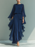 Formal navy chiffon pants set with flared sleeves and ruffled wide-leg pants