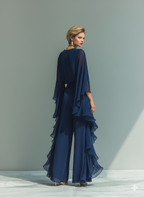 Formal navy chiffon pants set with flared sleeves and ruffled wide-leg pants - view 2