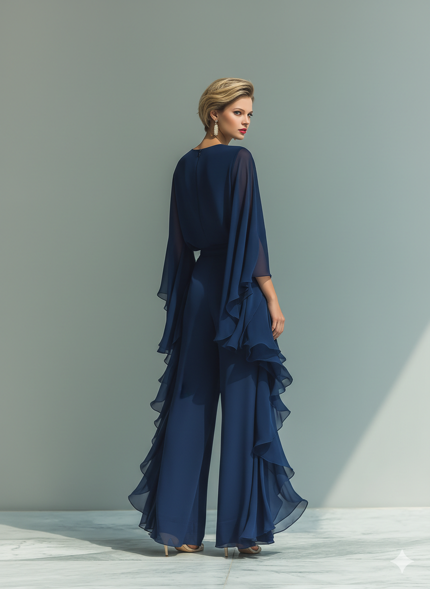 Formal navy chiffon pants set with flared sleeves and ruffled wide-leg pants - view 2