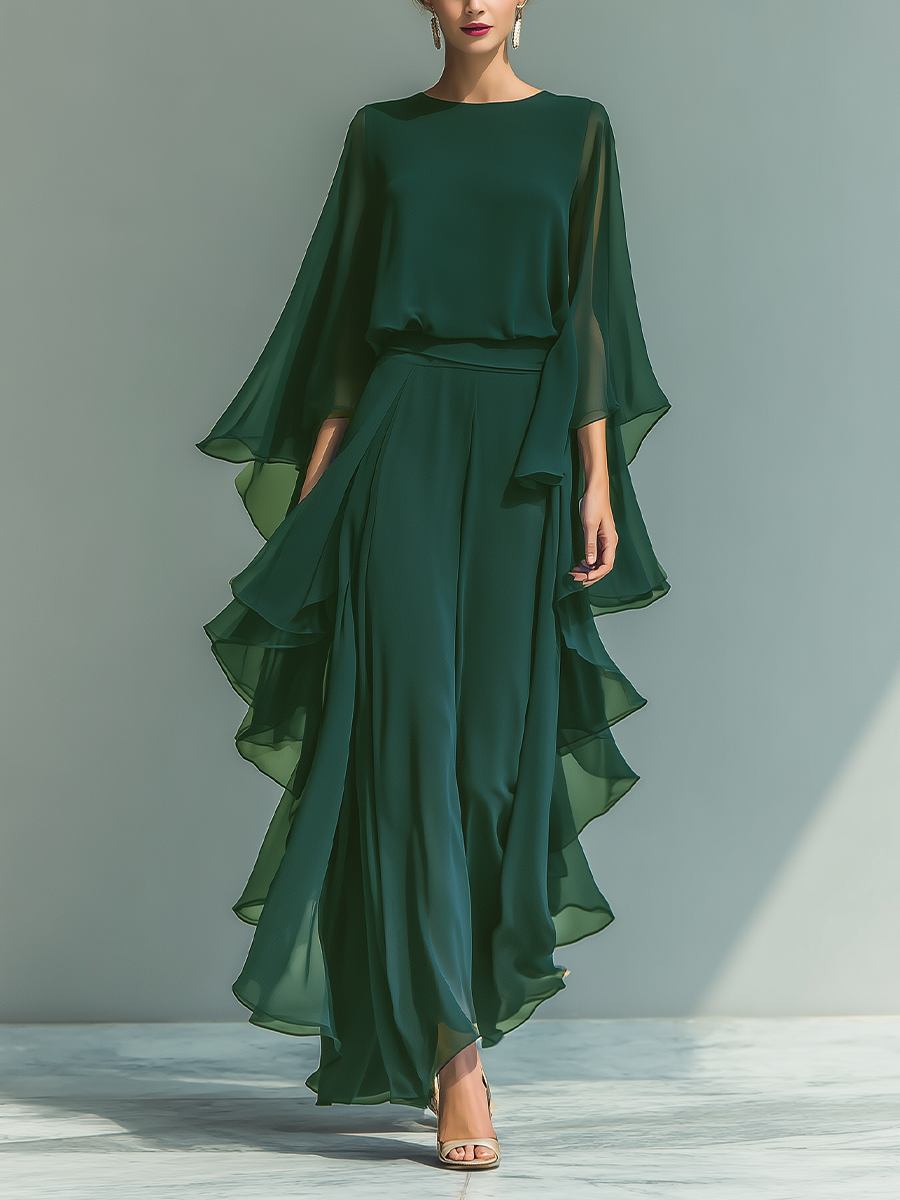 Formal navy chiffon pants set with flared sleeves and ruffled wide-leg pants - view 3