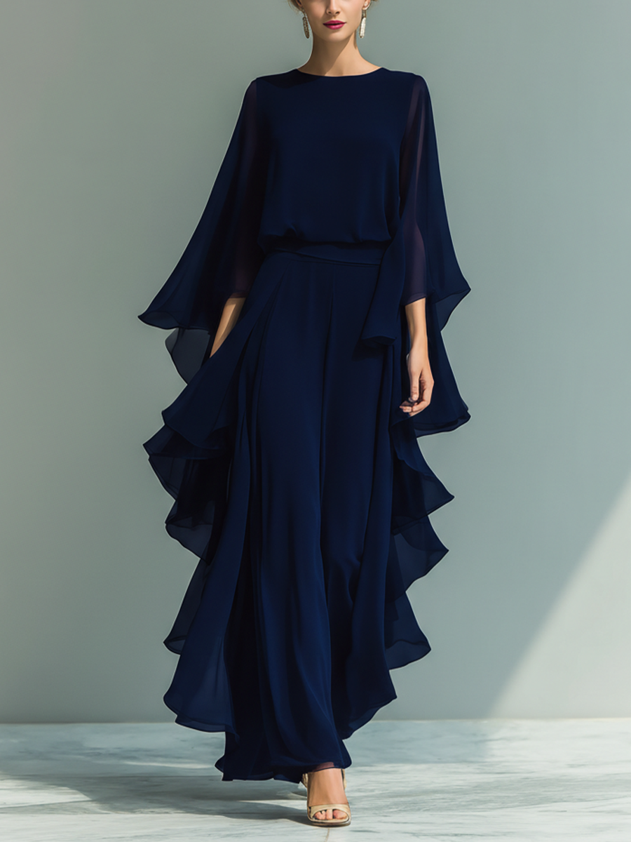 Formal navy chiffon pants set with flared sleeves and ruffled wide-leg pants - view 4