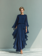 Formal navy chiffon pants set with flared sleeves and ruffled wide-leg pants - view 5