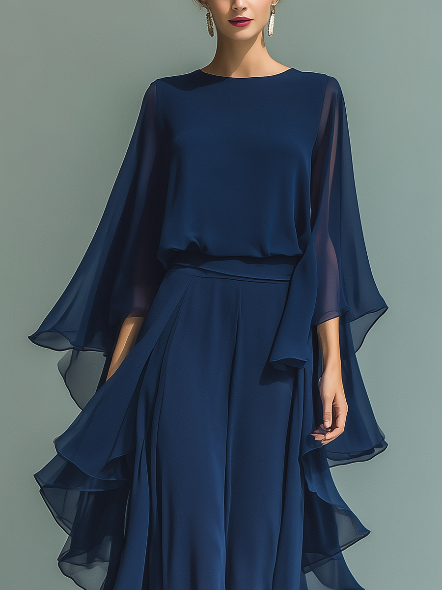 Formal navy chiffon pants set with flared sleeves and ruffled wide-leg pants - view 6