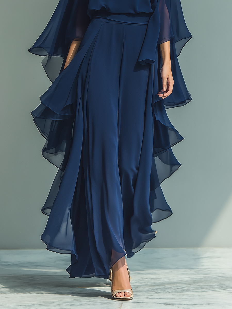 Formal navy chiffon pants set with flared sleeves and ruffled wide-leg pants - view 7