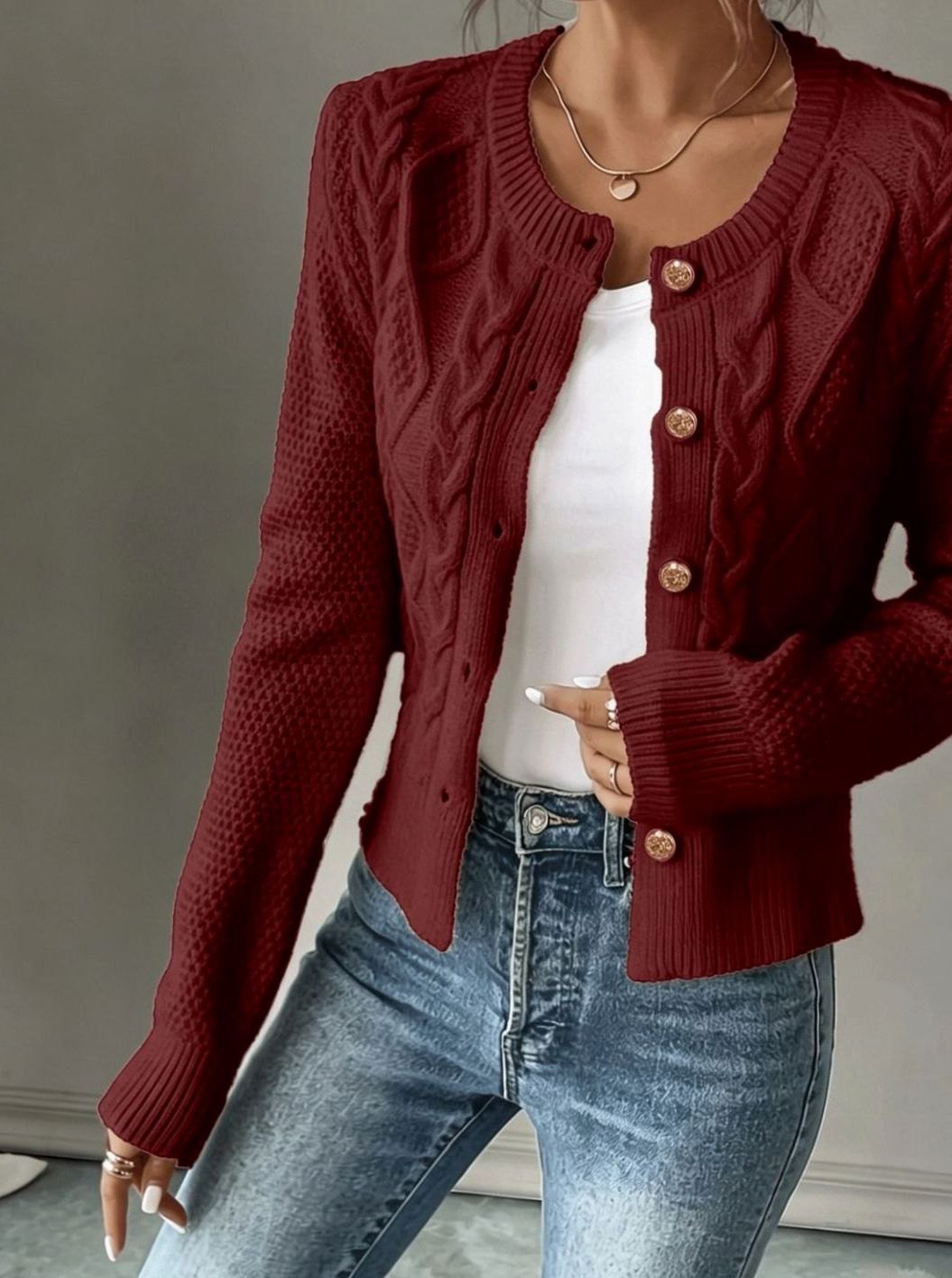 Cropped cable knit button up cardigan with gold-tone buttons and crew neck - view 10