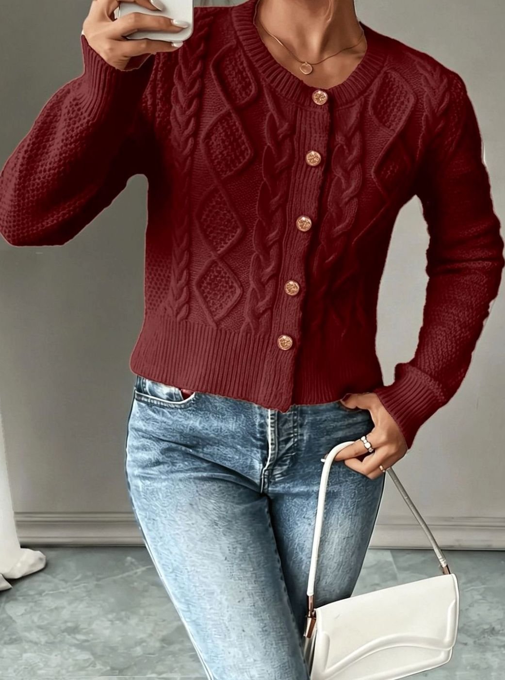 Cropped cable knit button up cardigan with gold-tone buttons and crew neck - view 11