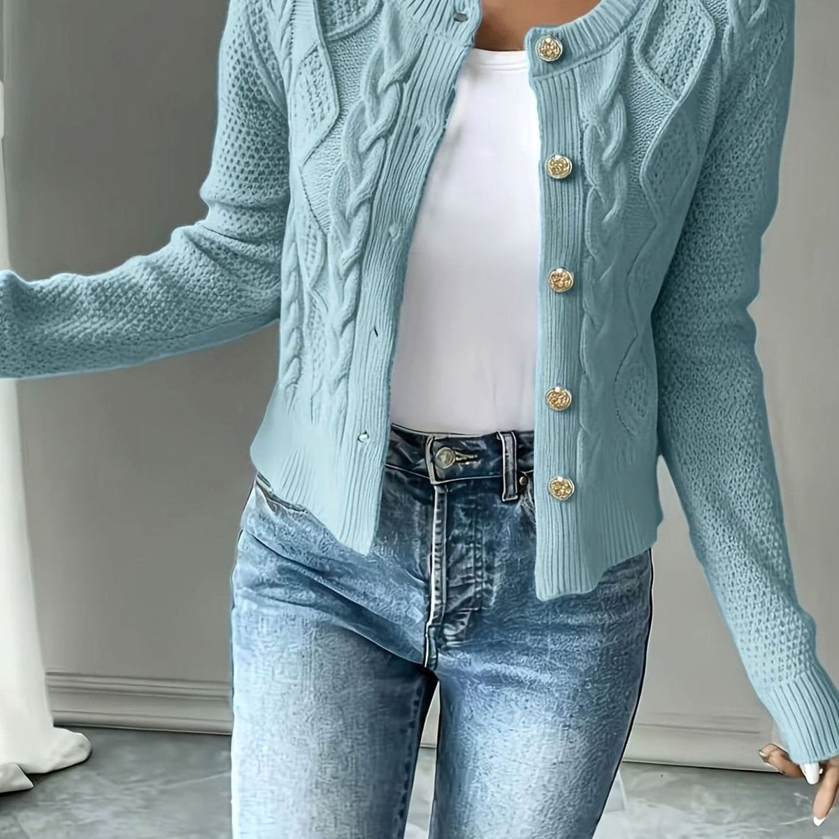 Cropped cable knit button up cardigan with gold-tone buttons and crew neck - view 12