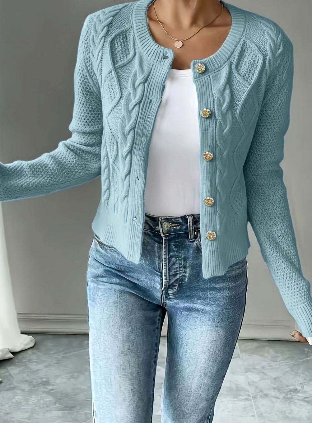 Cropped cable knit button up cardigan with gold-tone buttons and crew neck - view 13