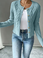 Cropped cable knit button up cardigan with gold-tone buttons and crew neck - view 13