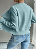 Cropped cable knit button up cardigan with gold-tone buttons and crew neck - view 14