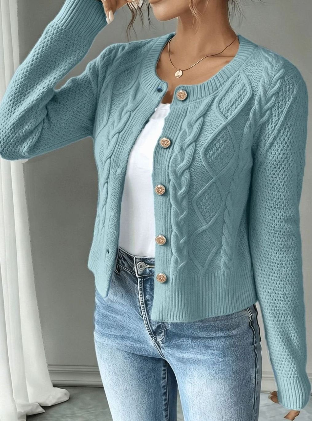 Cropped cable knit button up cardigan with gold-tone buttons and crew neck - view 15