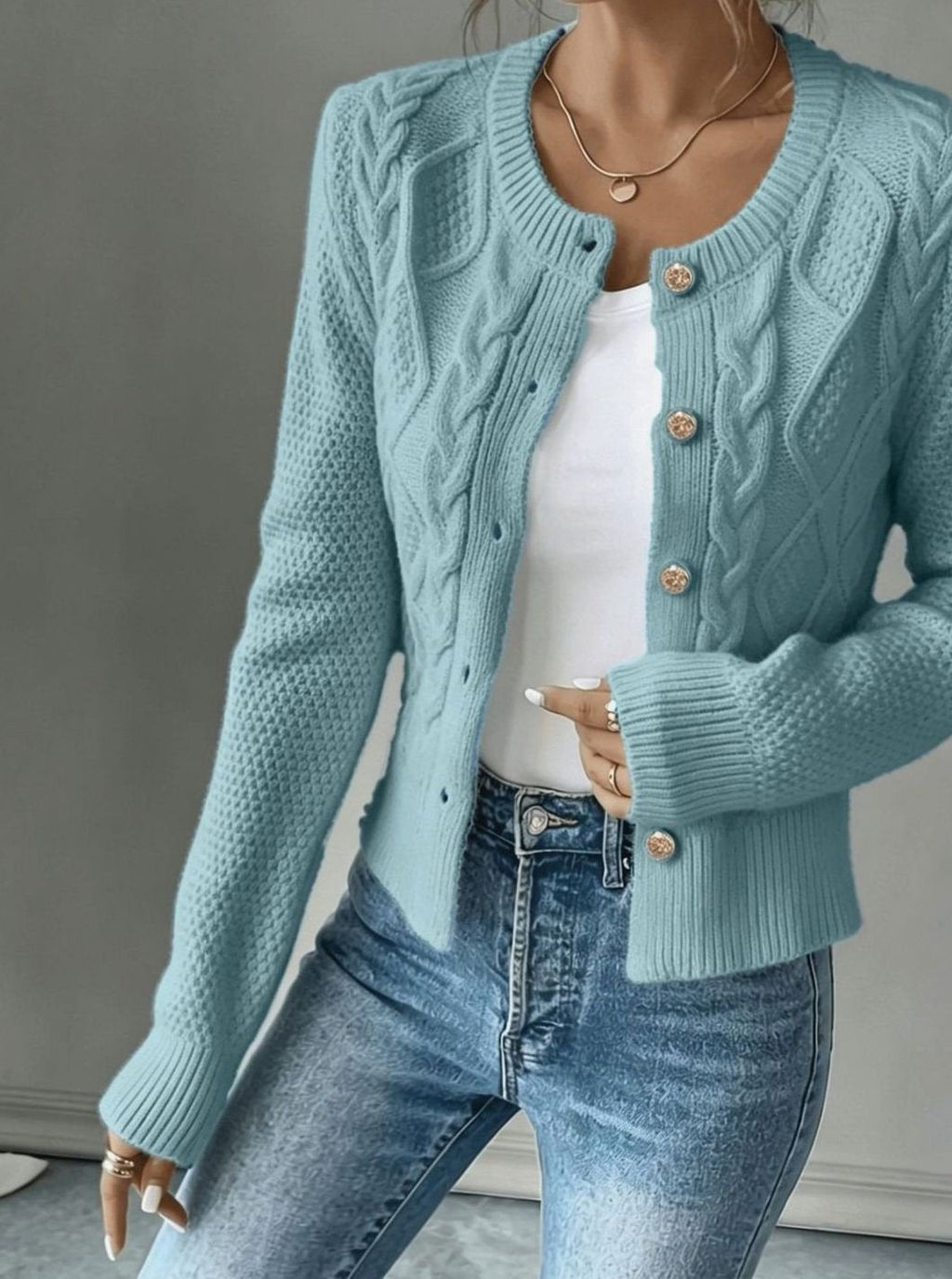 Cropped cable knit button up cardigan with gold-tone buttons and crew neck - view 16