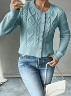 Cropped cable knit button up cardigan with gold-tone buttons and crew neck - view 17