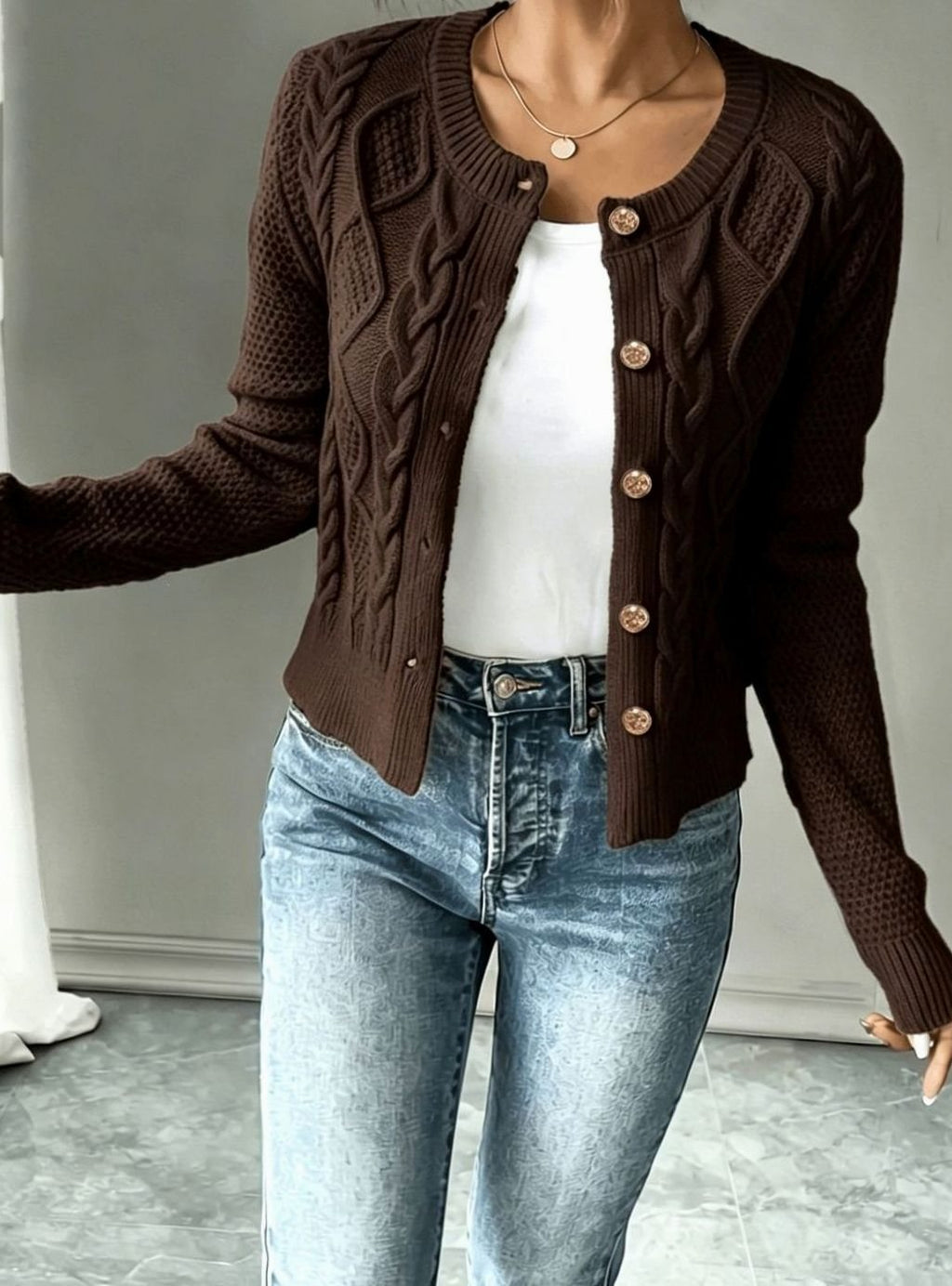 Cropped cable knit button up cardigan with gold-tone buttons and crew neck - view 19