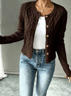Cropped cable knit button up cardigan with gold-tone buttons and crew neck - view 19