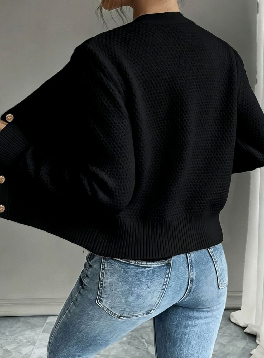 Cropped cable knit button up cardigan with gold-tone buttons and crew neck - view 2