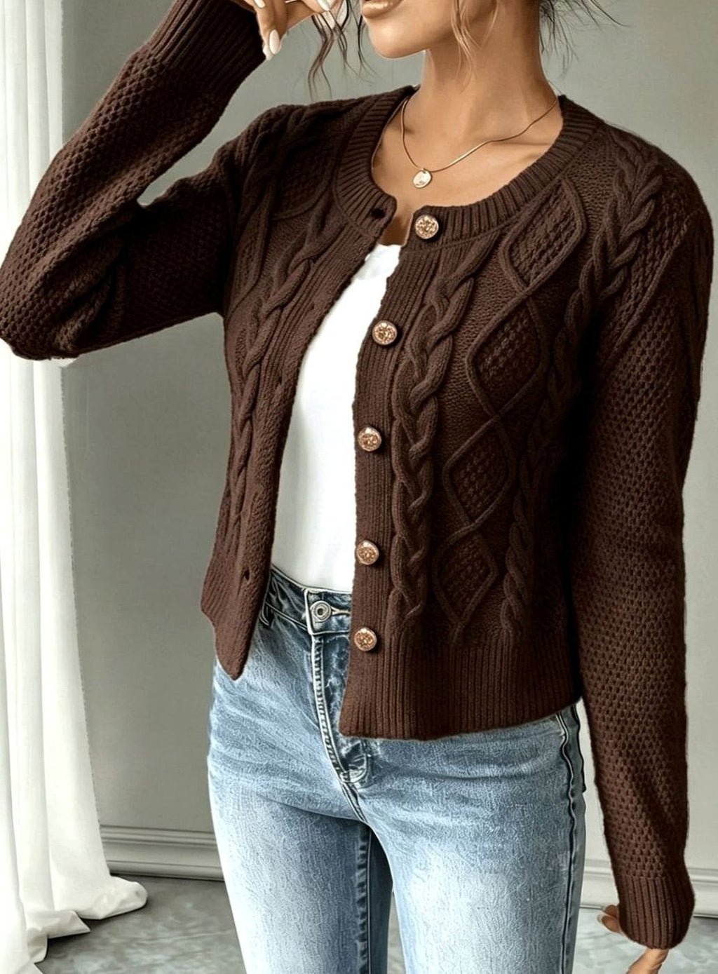 Cropped cable knit button up cardigan with gold-tone buttons and crew neck - view 20