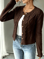 Cropped cable knit button up cardigan with gold-tone buttons and crew neck - view 20