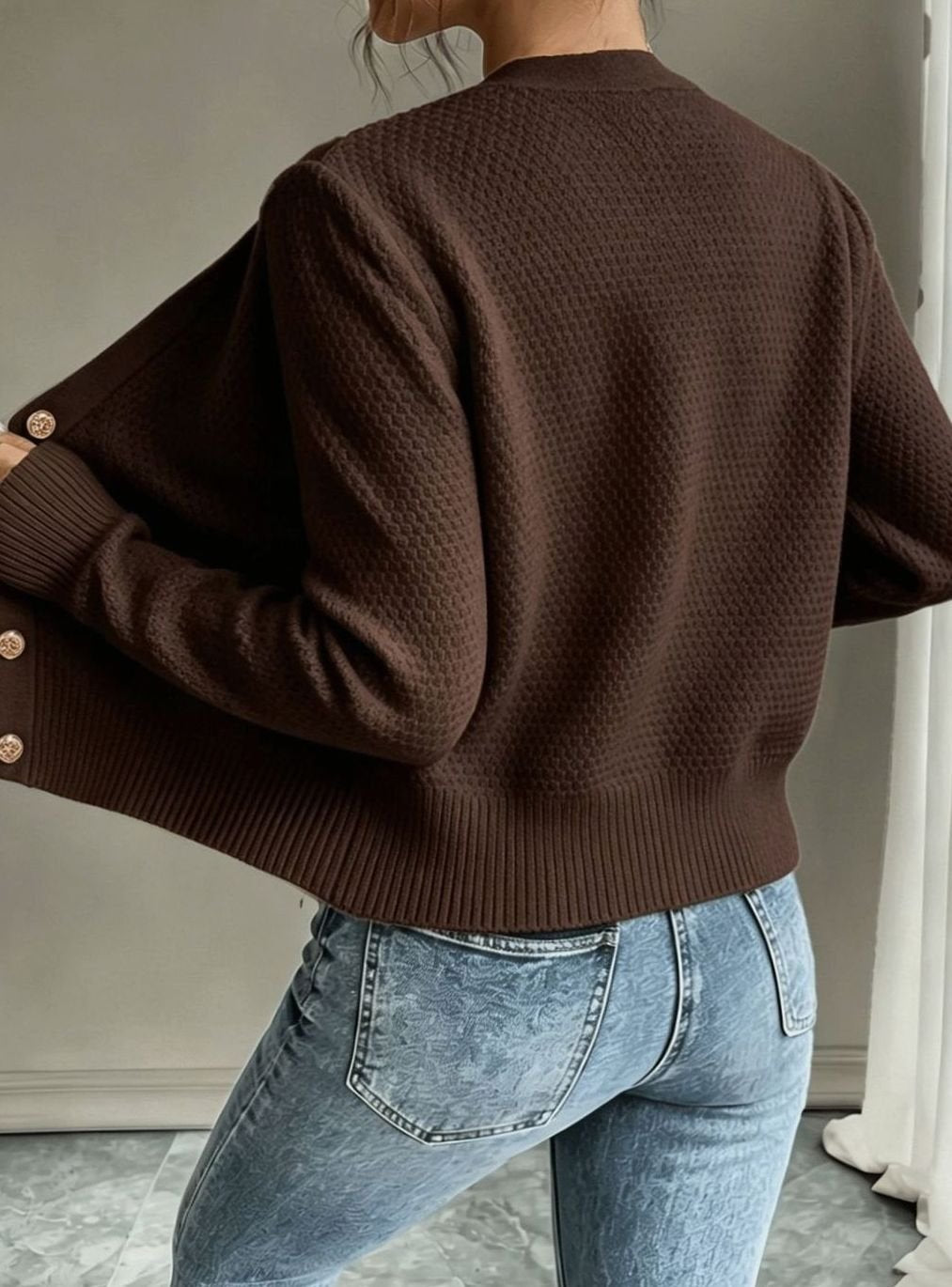 Cropped cable knit button up cardigan with gold-tone buttons and crew neck - view 21