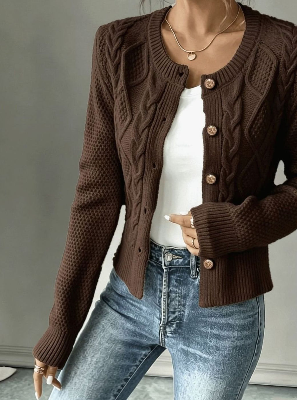 Cropped cable knit button up cardigan with gold-tone buttons and crew neck - view 22