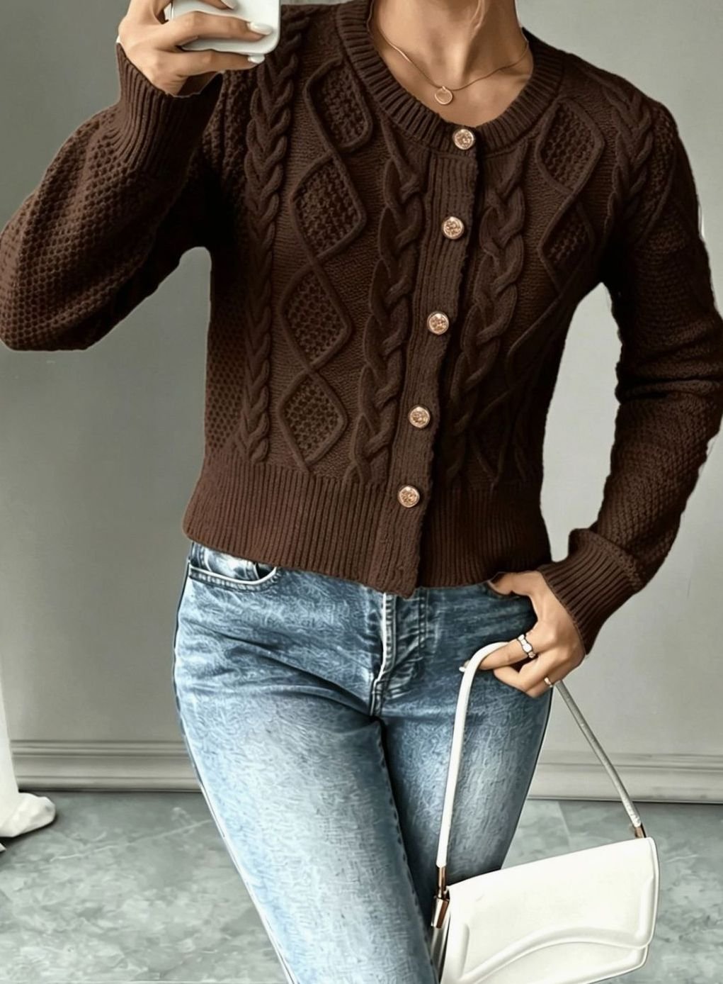 Cropped cable knit button up cardigan with gold-tone buttons and crew neck - view 23
