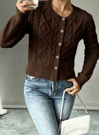 Cropped cable knit button up cardigan with gold-tone buttons and crew neck - view 23