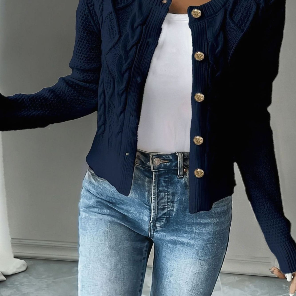 Cropped cable knit button up cardigan with gold-tone buttons and crew neck - view 24