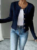 Cropped cable knit button up cardigan with gold-tone buttons and crew neck - view 25