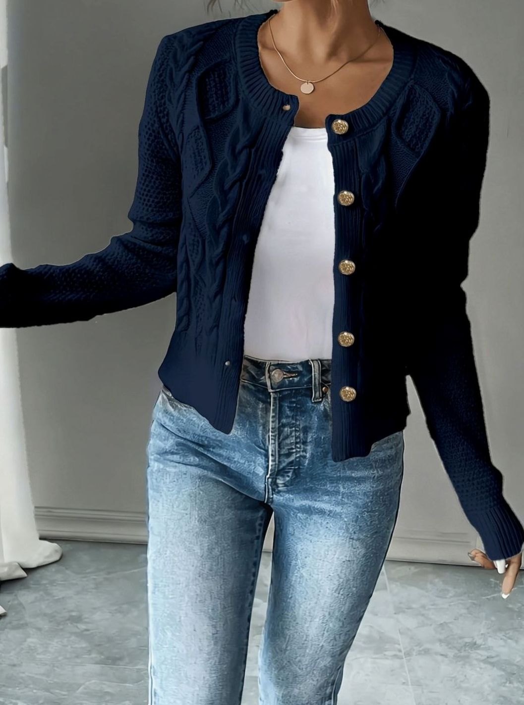 Cropped cable knit button up cardigan with gold-tone buttons and crew neck - view 25